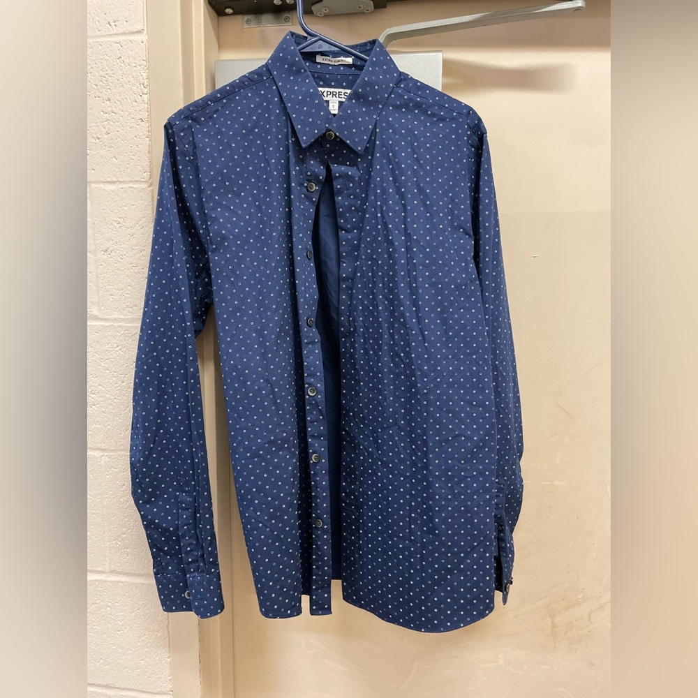 Express men’s Large button down navy blue shirt